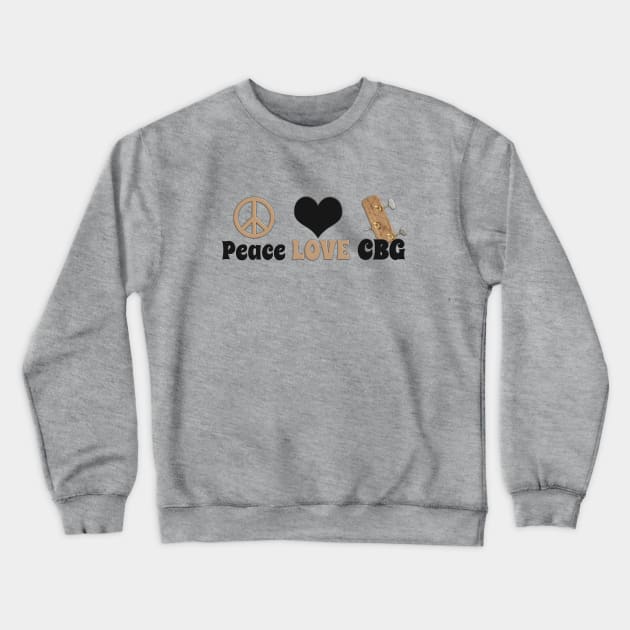 Peace Love and a Cigar Box Guitar (CBG) Black/Tan Crewneck Sweatshirt by Shanz Night Owl Squad